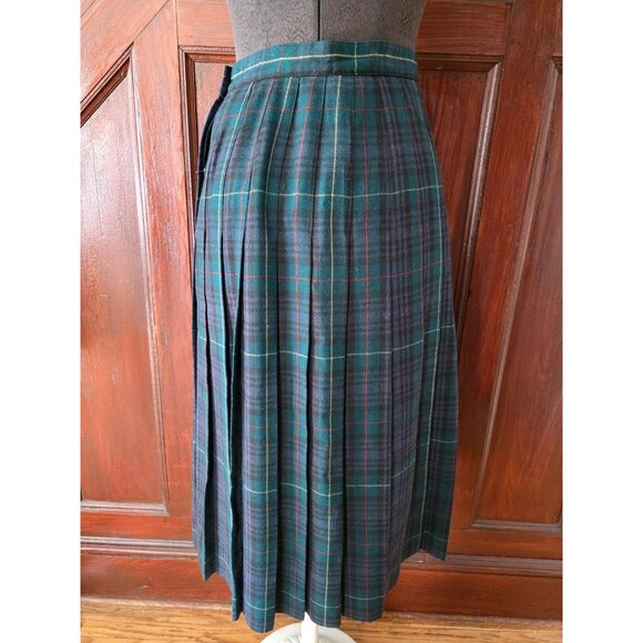 Vintage JG Hook Green & Navy Tartan Plaid Wool Pleated Skirt Petite 6 - Picture 2 of 7